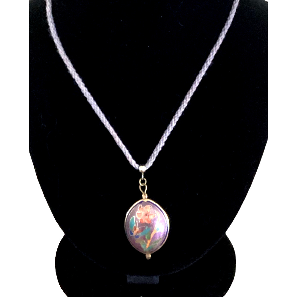 Purple Cloisonné Pendant Necklace With Light Purple Silk Rope